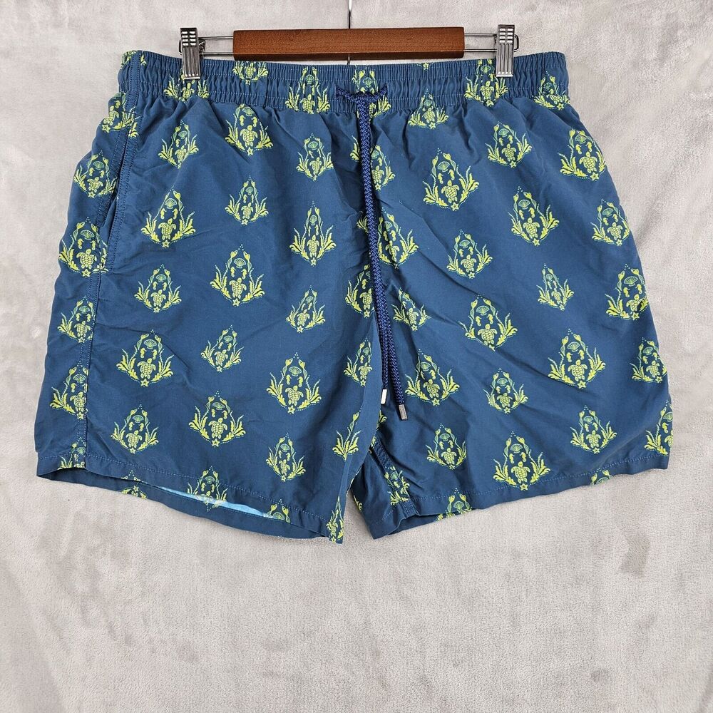 Vilebrequin Swim Trunks Mens XXL Blue Yellow Turtle Print Moorea Shorts